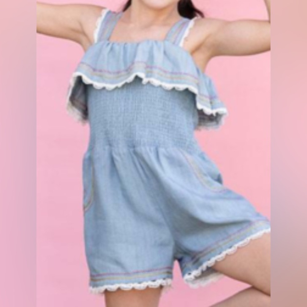 Matilda Jane Girls Chambray shorts, crochet trim, ruffle top Romper Sz 4 blue